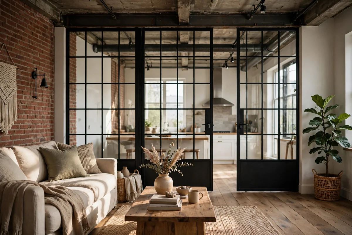 Black steel framed interior windows in a loft living room