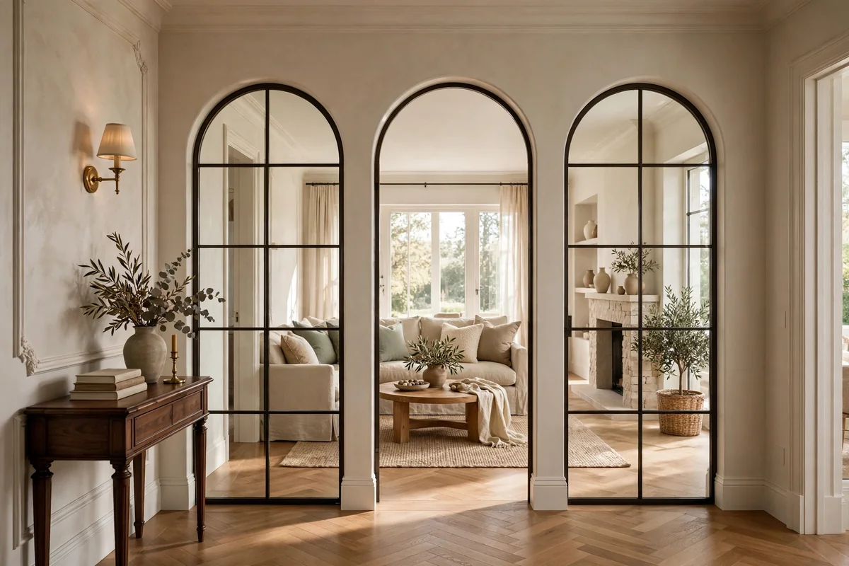 Arched interior windows between a hallway and living room, elegant