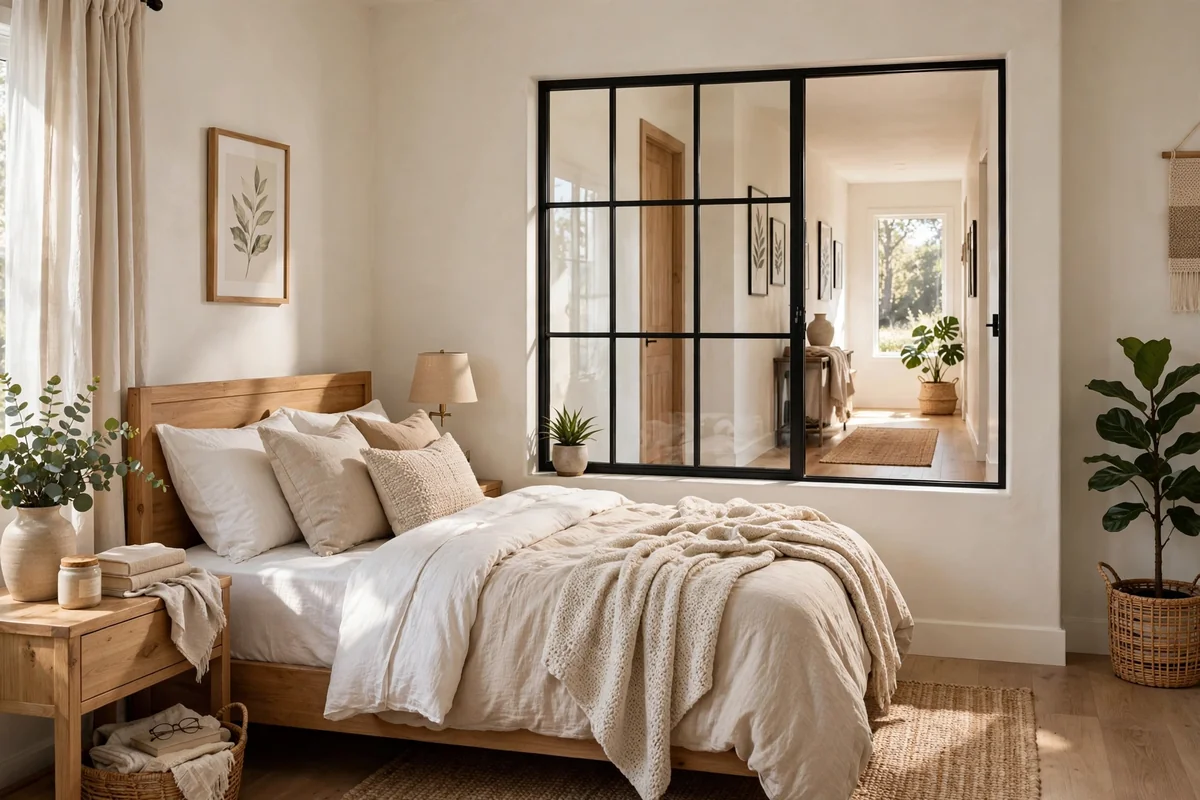 Bedroom with an interior window to the hallway, bright and airy