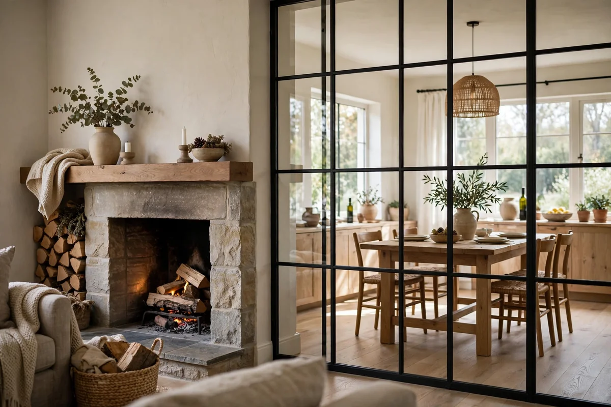 Double-sided view through an interior window by a fireplace
