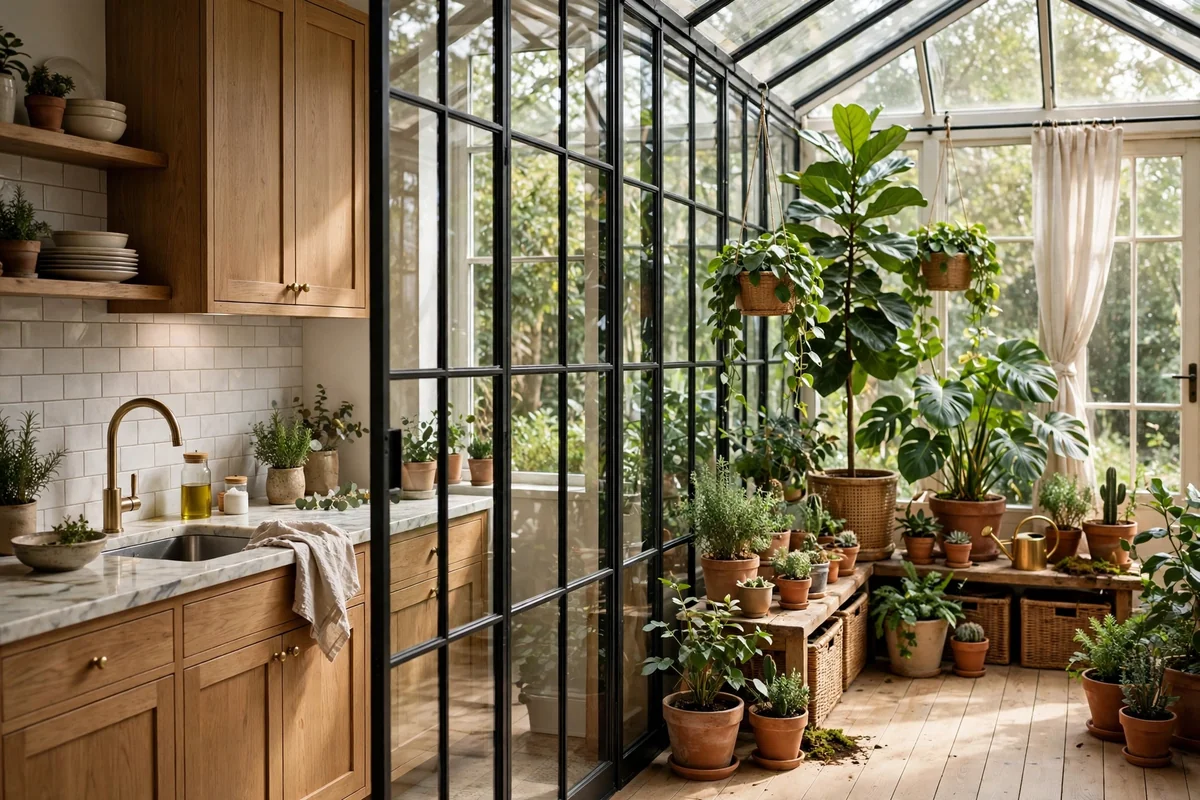 Interior greenhouse glass wall between kitchen and sunroom, plants
