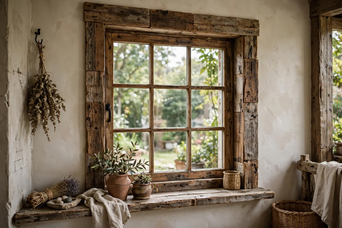 Interior window with a reclaimed wood frame, rustic charm
