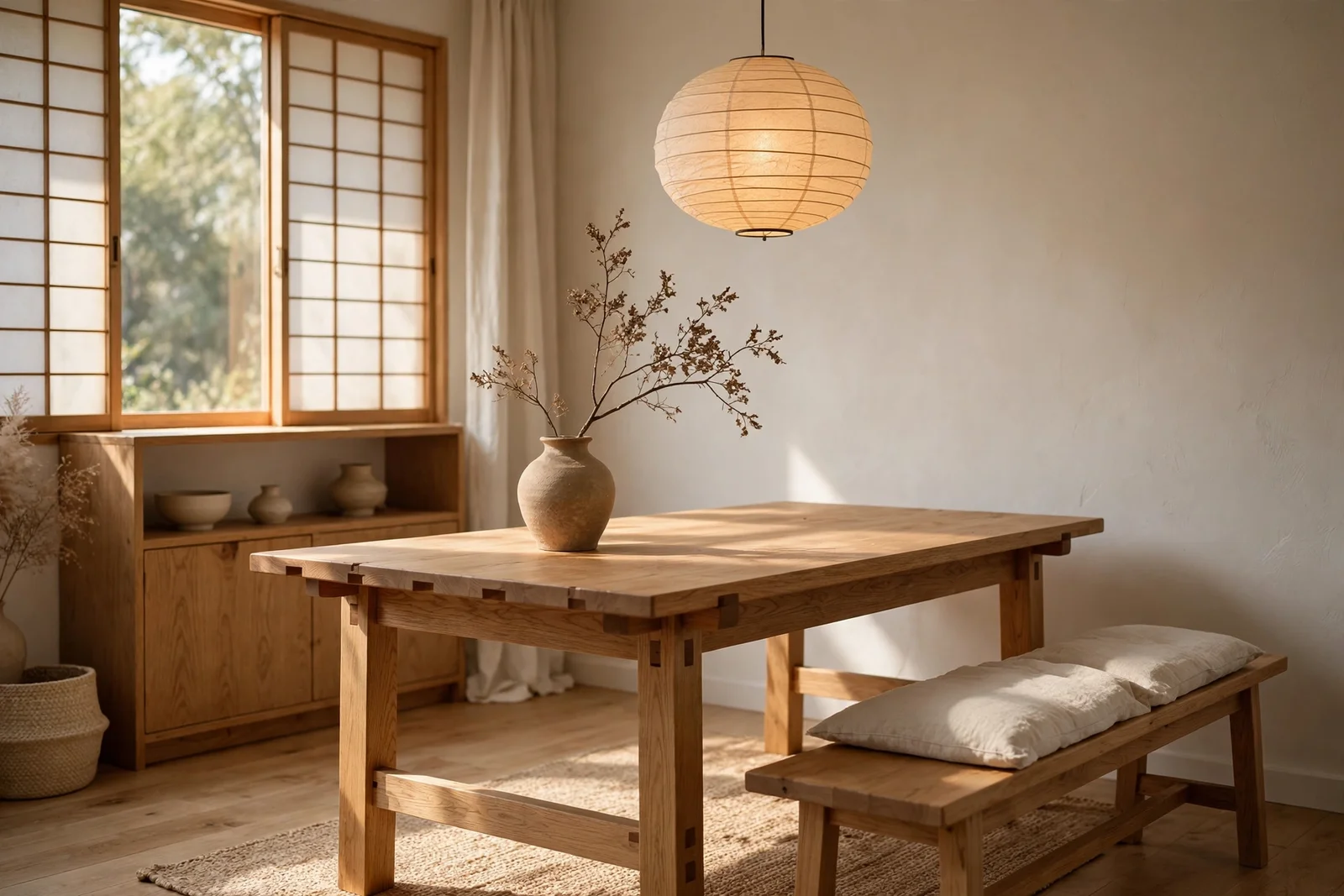 Warm Japandi dining room with oak table, paper pendant and single branch centrepiece