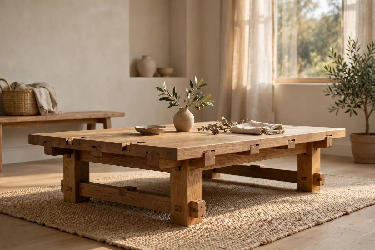 Low solid oak Japandi dining table with visible wooden joinery in a calm neutral room
