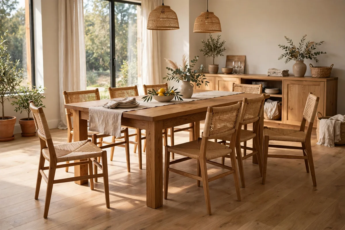 Oak dining table with generous walkway space around it in a calm Japandi dining room