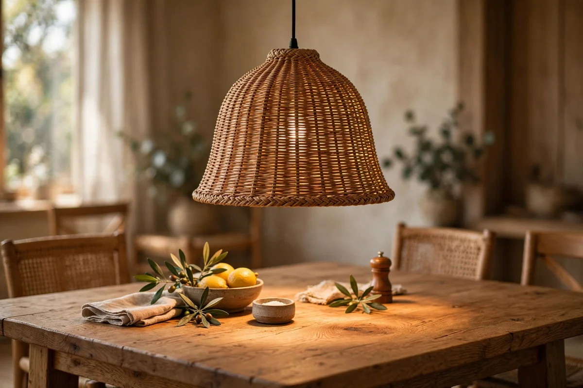 Woven rattan pendant hanging low over an oak Japandi dining table with warm light