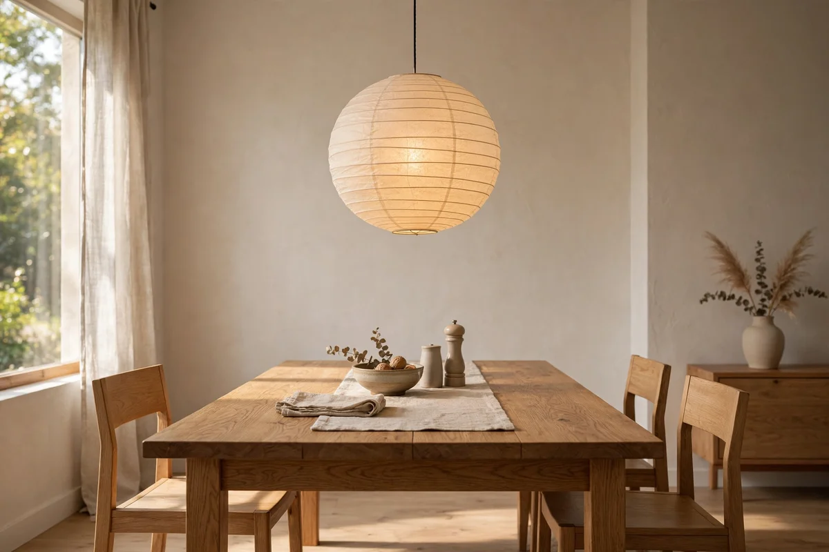 Washi paper lantern pendant glowing over a centred oak Japandi dining table