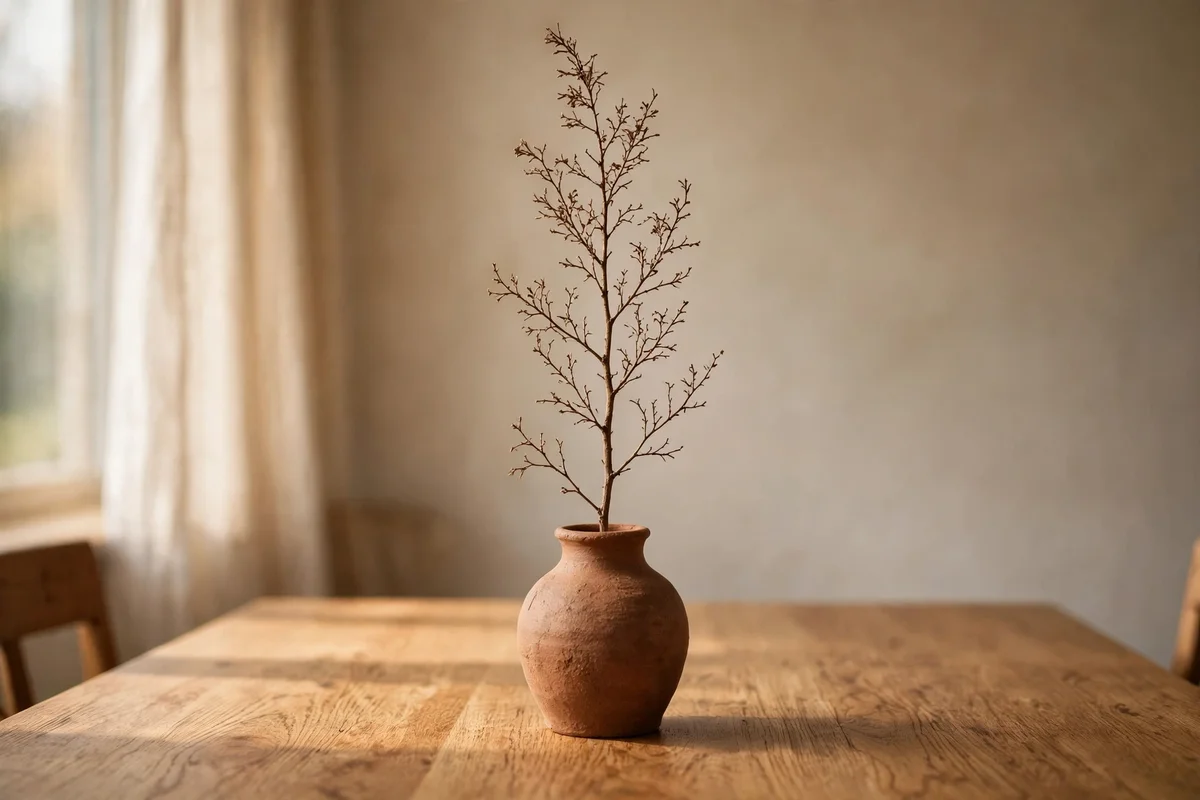 Single dried branch in a clay vase as the only centrepiece on an oak dining table