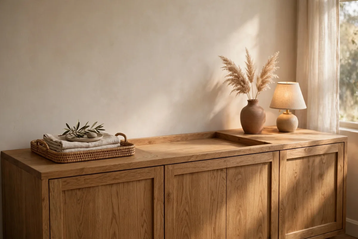 Oak sideboard styled in three quiet zones with tray, vase and lamp in a Japandi dining room