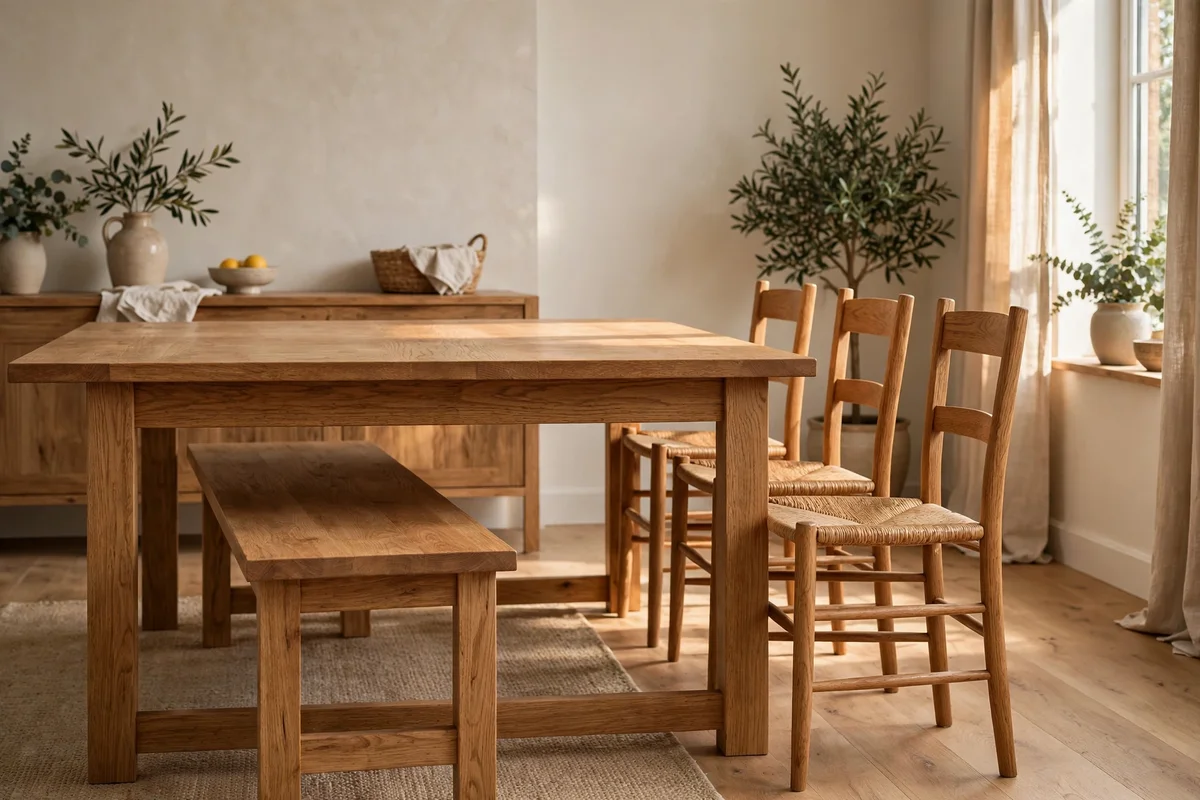 Simple oak bench on one side of an oak dining table with chairs opposite