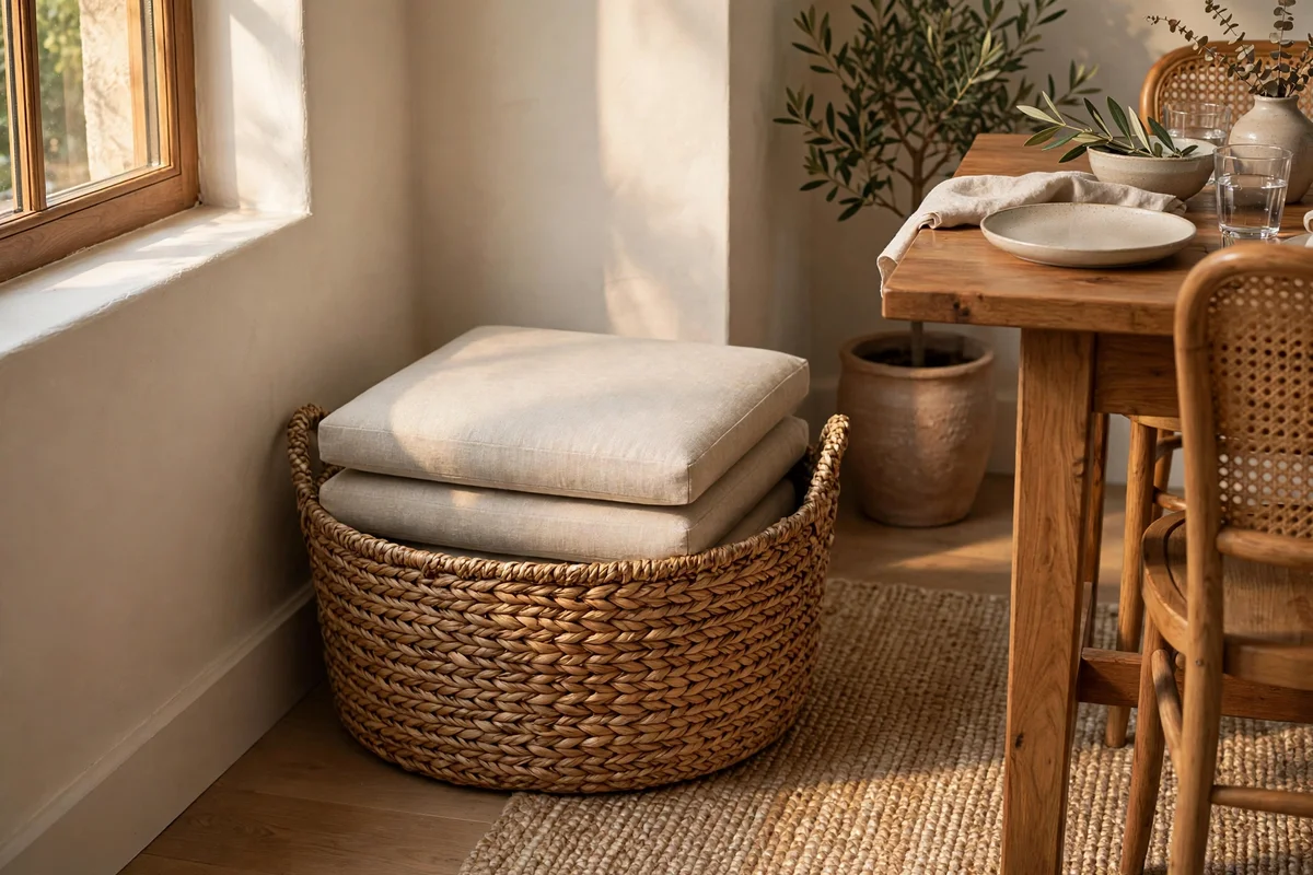 Two neutral floor cushions stacked in a basket in a calm Japandi dining room corner