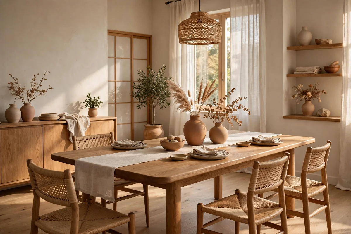 Japandi dining room in warm oak, off white and clay tones with neutral walls