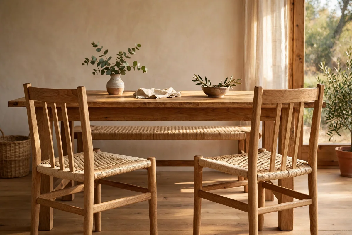 Two low oak chairs with woven seats opposite a bench at a Japandi dining table