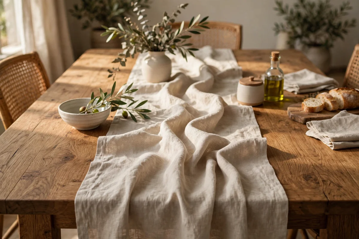Natural linen runner down the centre of an oak Japandi dining table