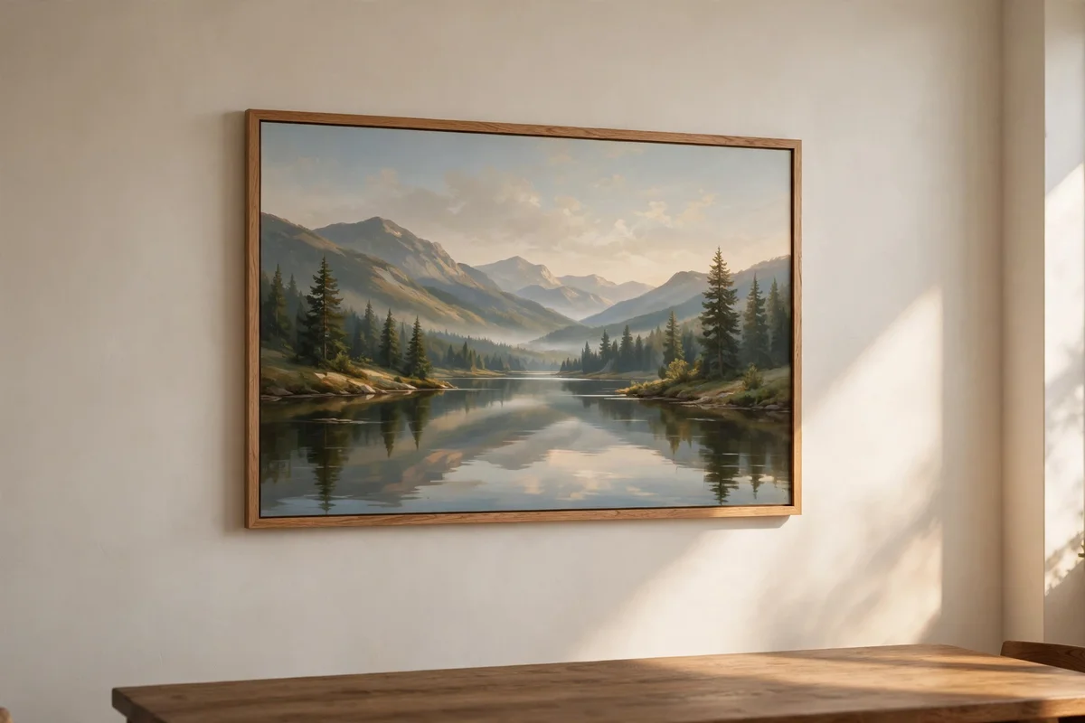 One large calm artwork in an oak frame on a bare Japandi dining room wall