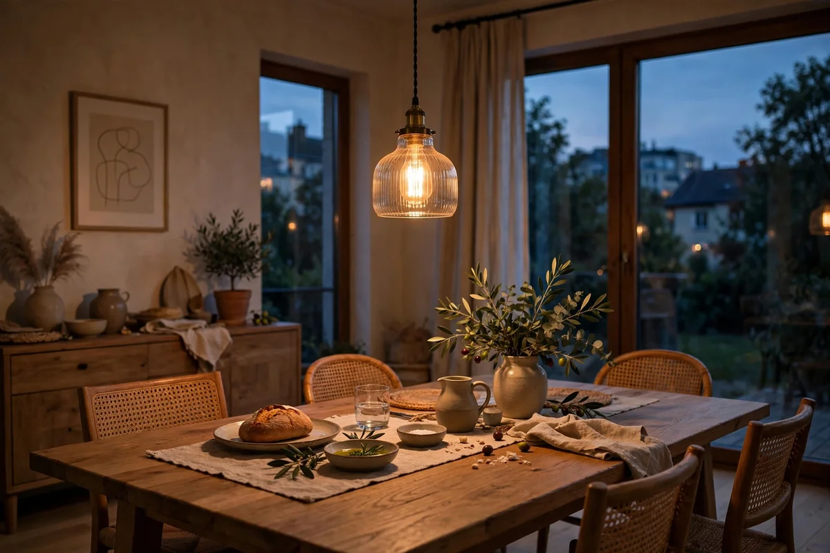 Warm dimmed pendant glowing over a Japandi dining table in the evening