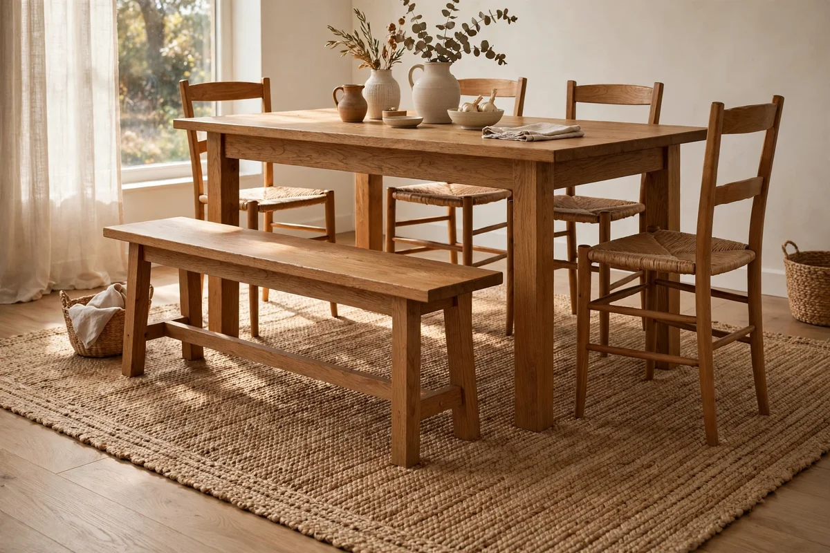 Flatweave jute rug under an oak dining table with bench in a Japandi room