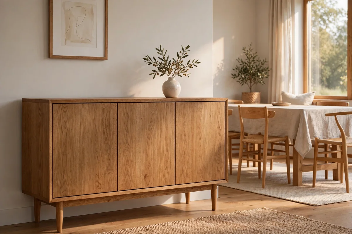 Oak sideboard with closed doors and a clear top in a calm Japandi dining room