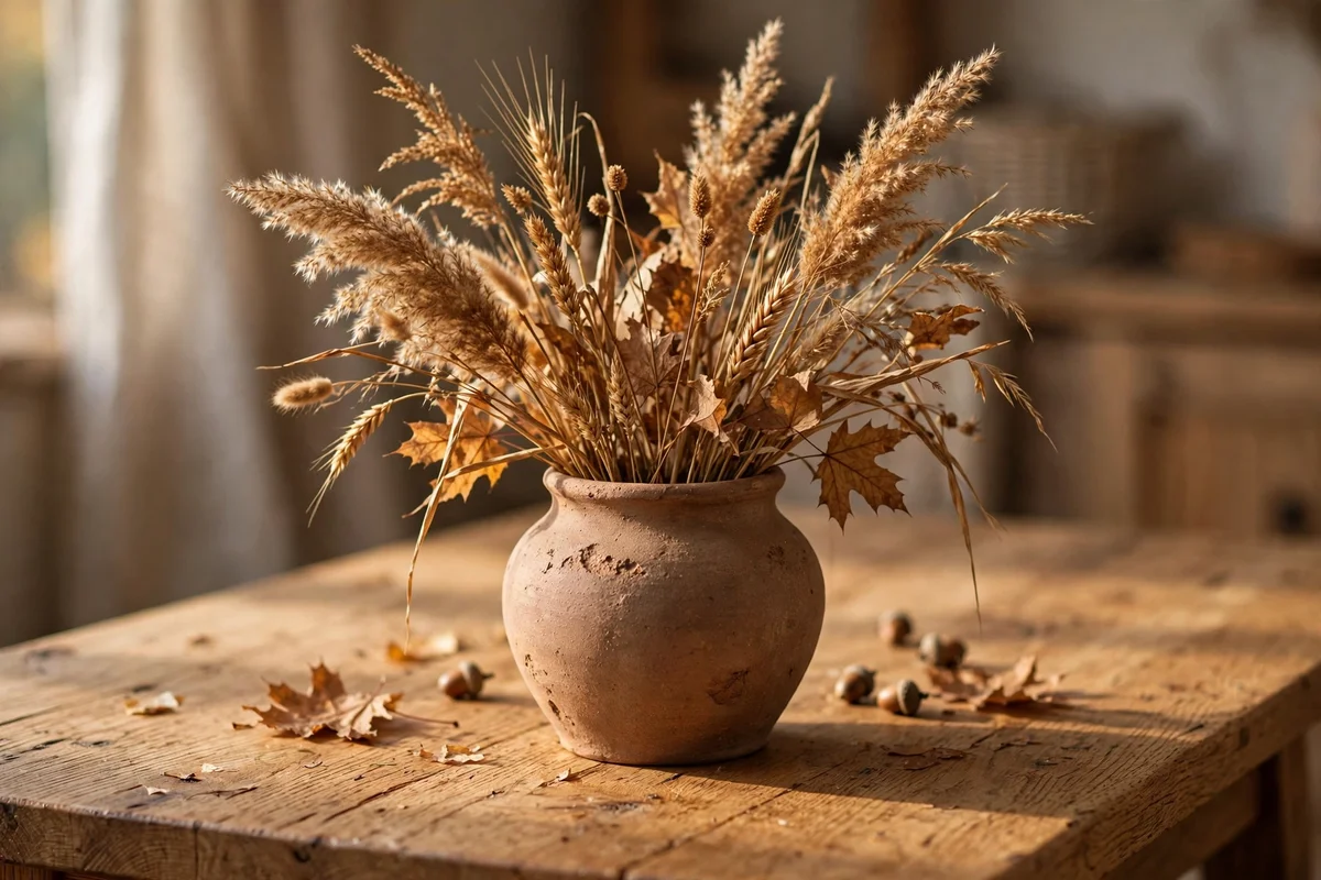 Dried autumn grasses in a clay vase on an oak Japandi dining table