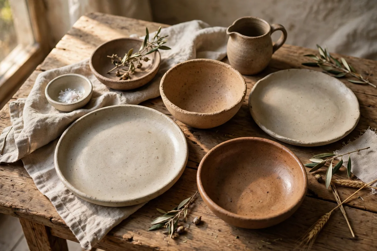 Handmade stoneware tableware in muted glazes set on an oak Japandi dining table