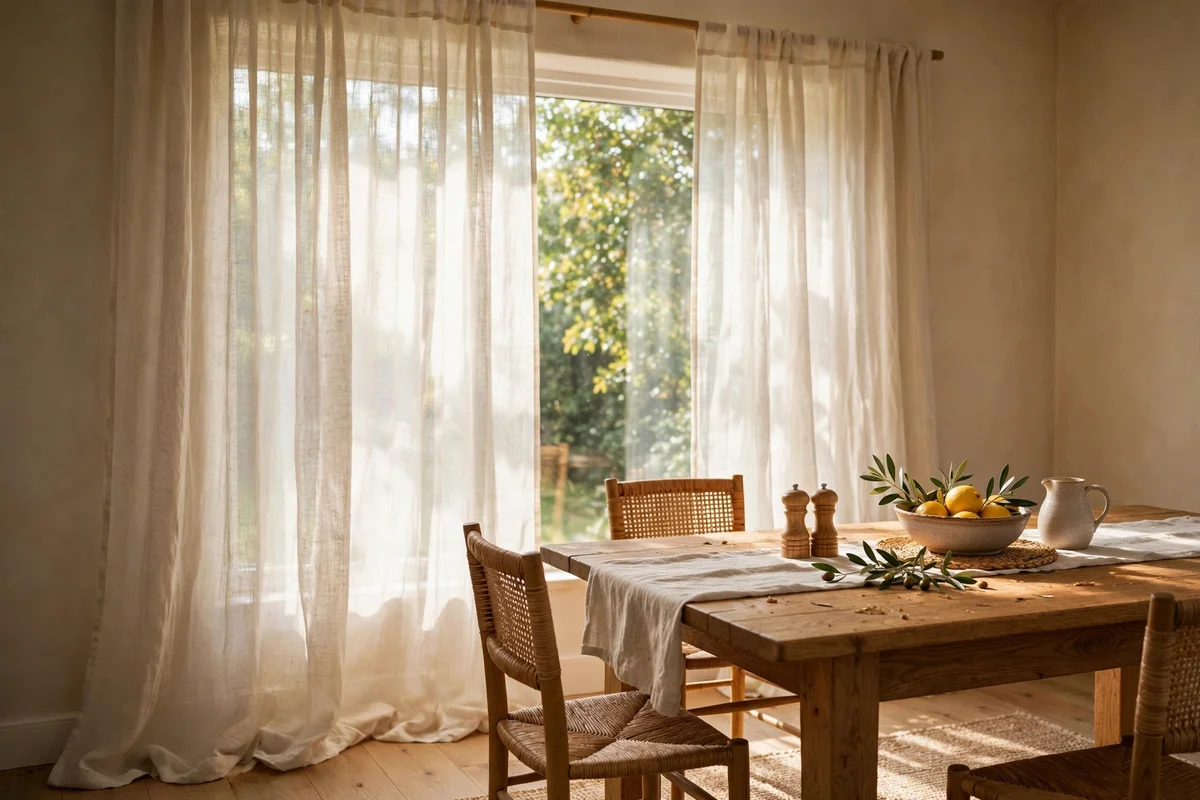 Sheer linen curtains softening daylight in a Japandi dining room with oak table