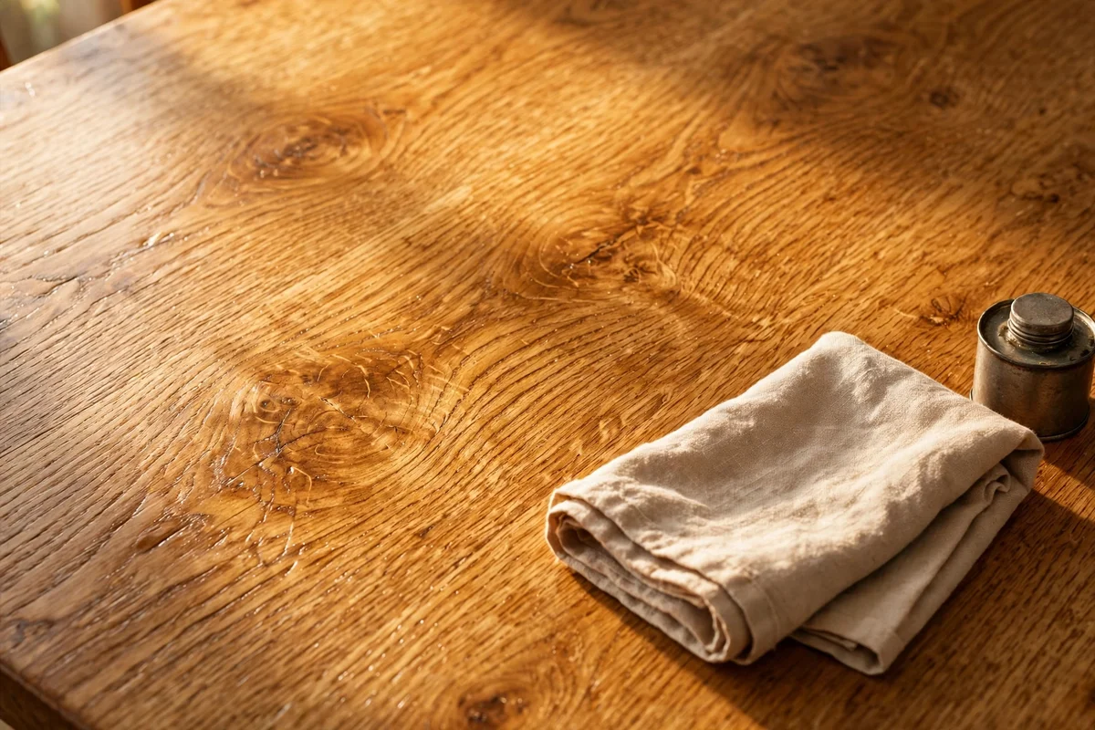 Oiled oak dining table surface glowing with cloth and oil tin beside it