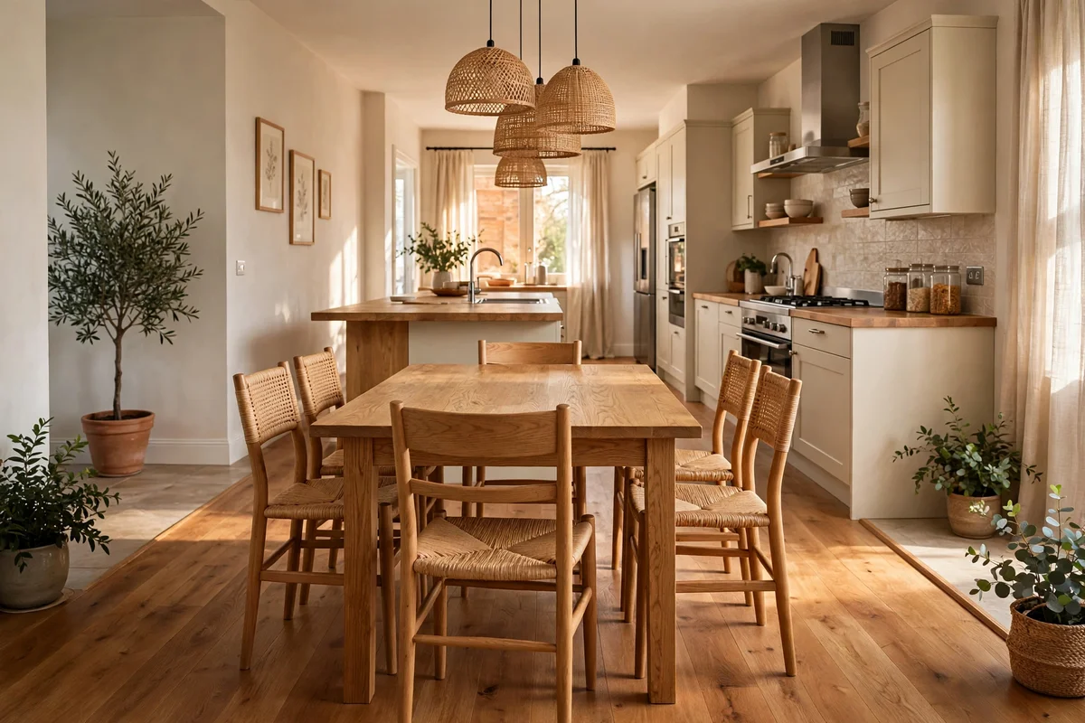 Oak dining table with clear walkways around it showing easy flow in a Japandi room