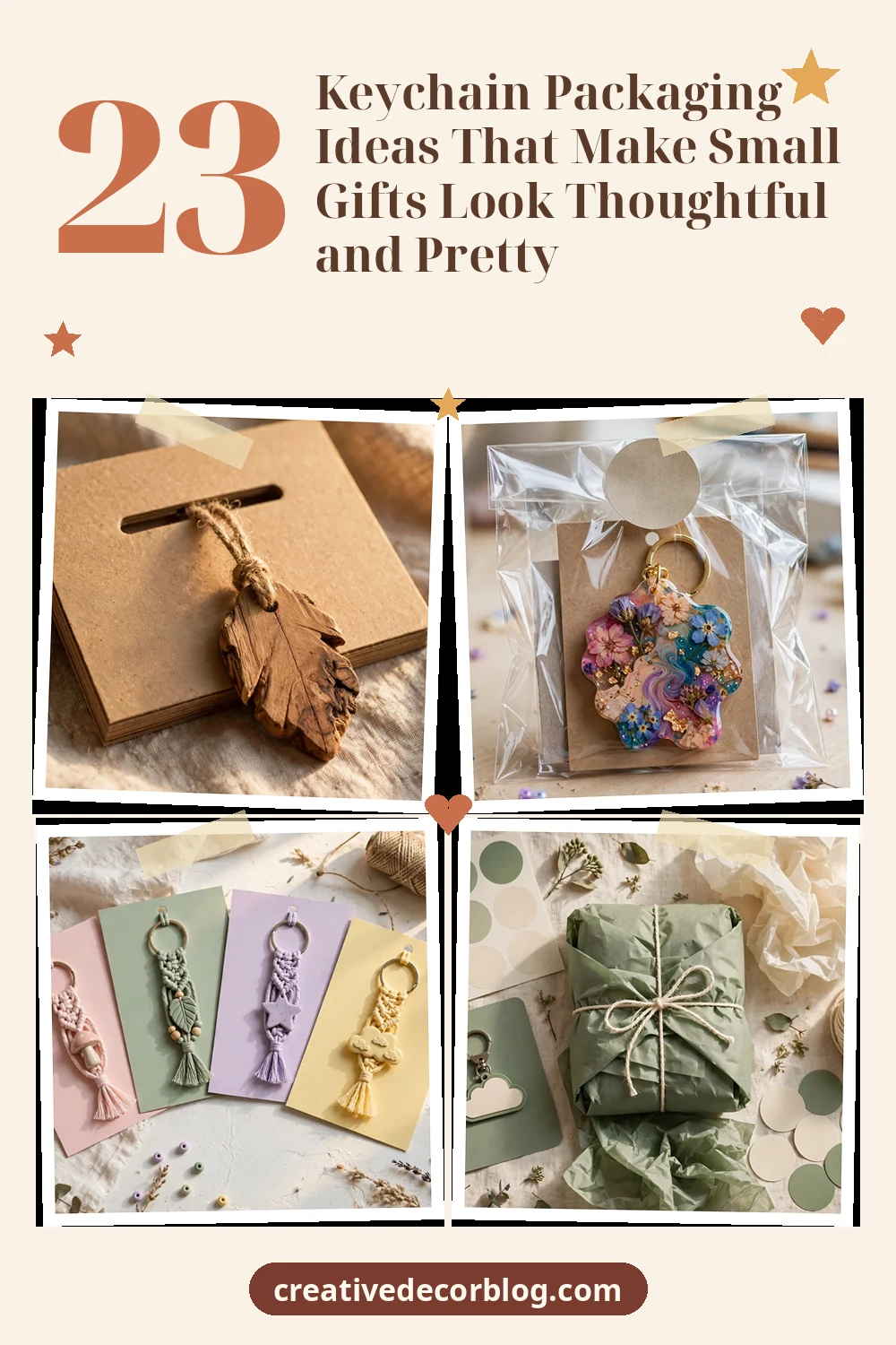 Pinterest pin collage of keychain packaging ideas with the title 23 Keychain Packaging Ideas That Make Small Gifts Look Thoughtful and Pretty
