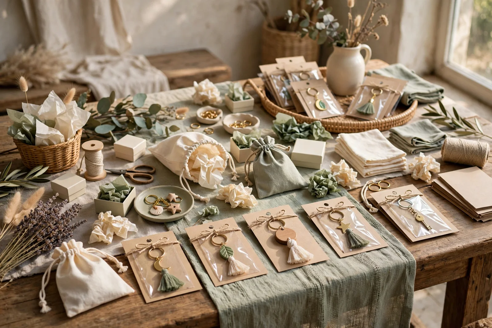 Craft table with handmade keychains packaged in kraft cards, cotton pouches, tiny gift boxes and tissue paper in cream and sage