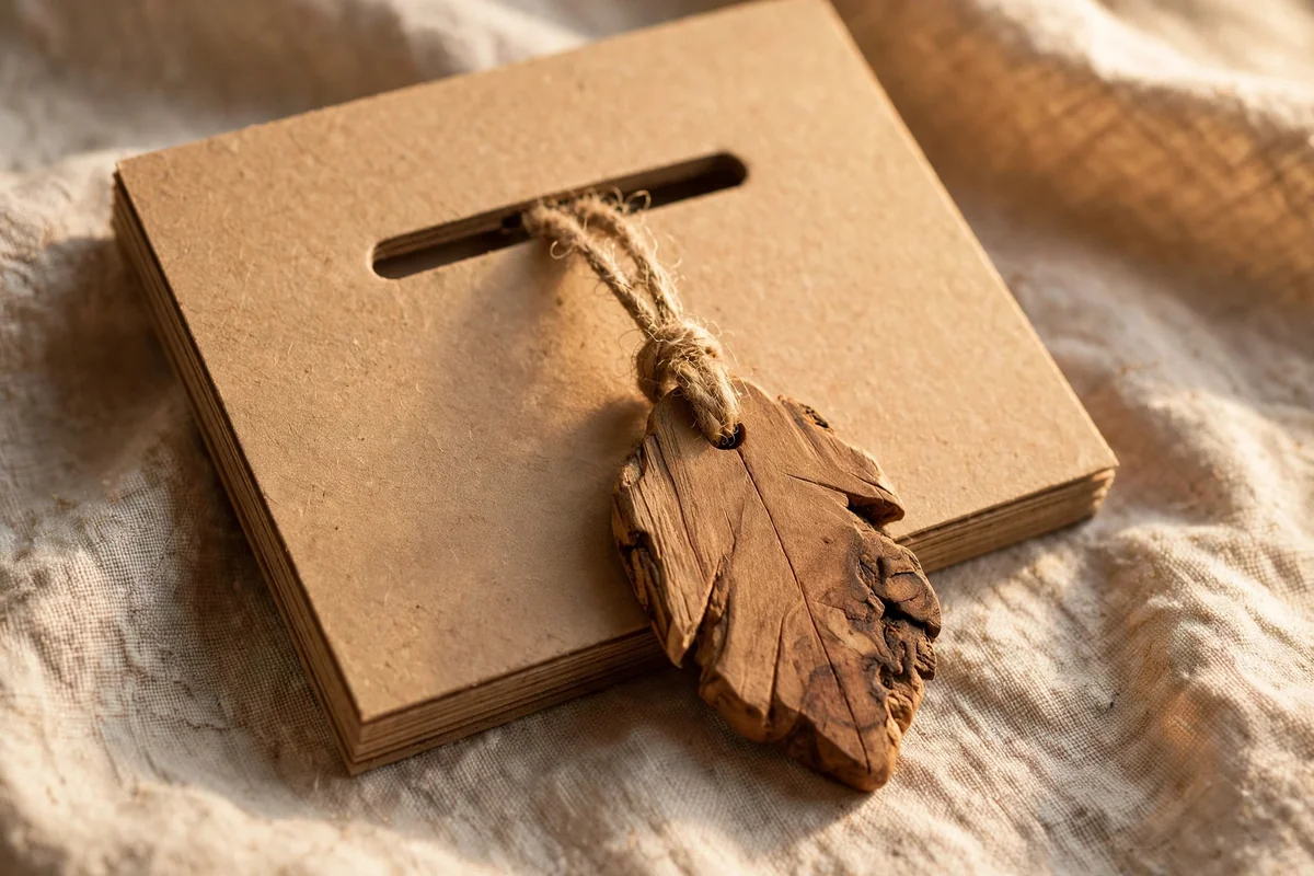 Handmade wooden keychain attached to a thick blank kraft display card on a linen cloth