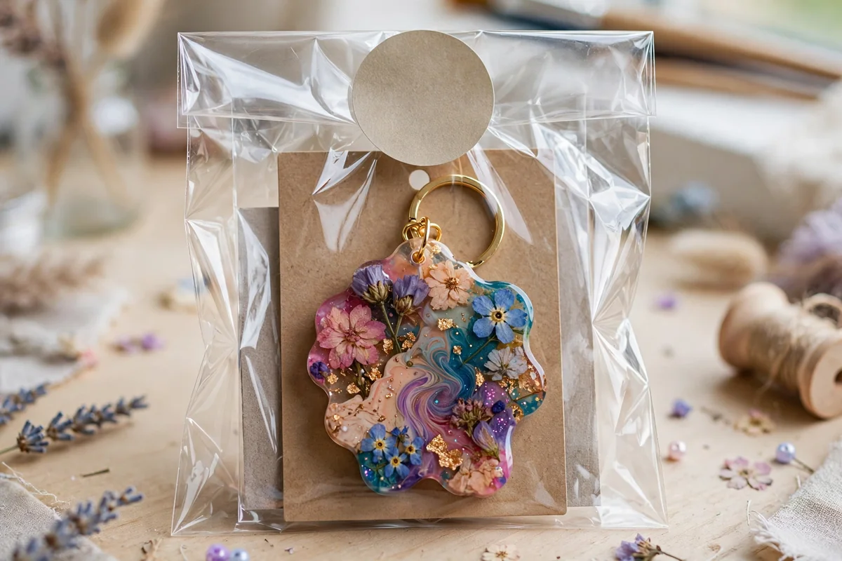 Colourful resin keychain on its card inside a crystal clear bag sealed with a matte sticker