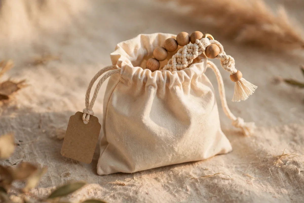 Cream cotton drawstring pouch with a keychain partly revealed and a small hang tag