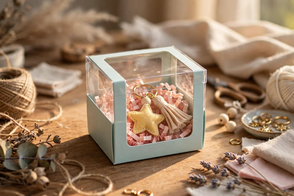 Tiny pastel gift box with a clear window showing a keychain on crinkle paper