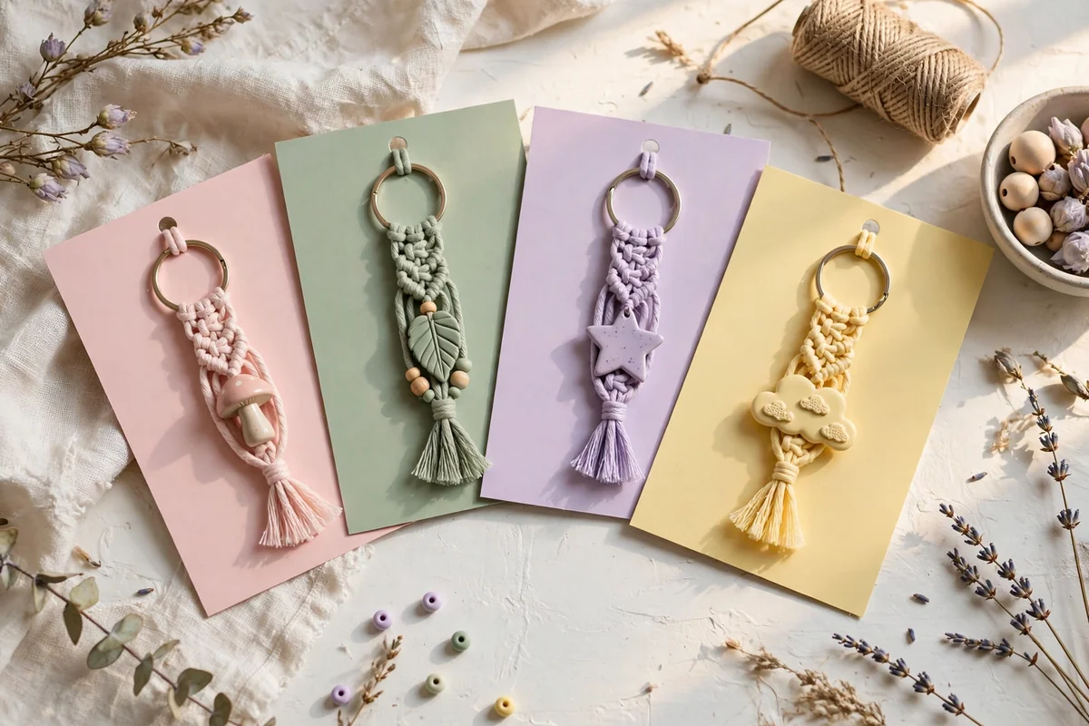 Fan of pastel backing cards in pink, sage, lavender and yellow each holding a keychain