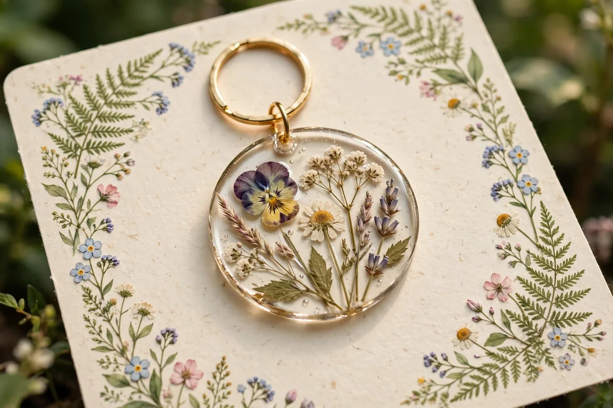 Pressed flower resin keychain on a cream card decorated with painted ferns and small flowers