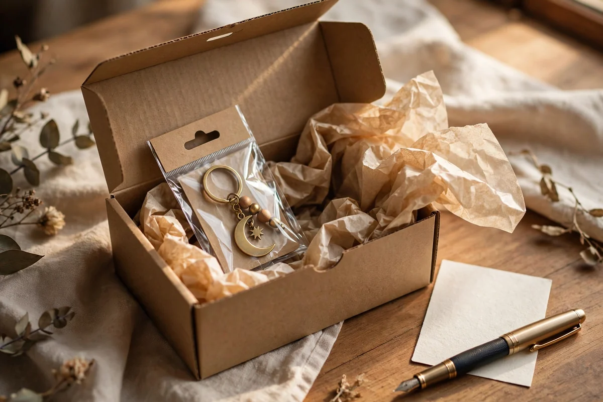 Open kraft mailer with tissue, a packaged keychain and a blank thank you card with a pen
