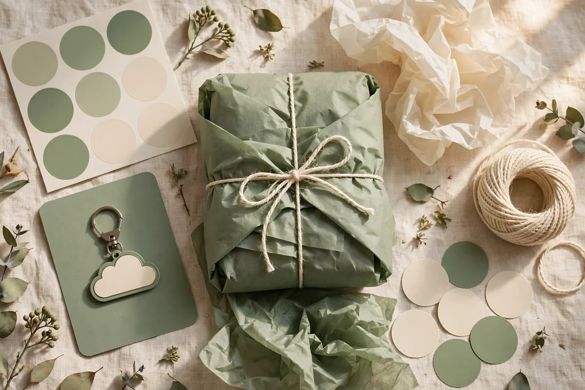 Coordinated keychain parcel in sage and cream with matching tissue, stickers, card and twine