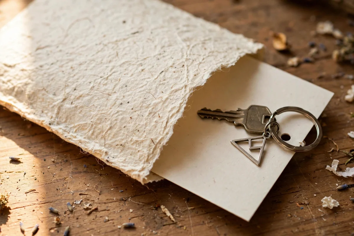 Keychain backing card half slid out of a textured handmade paper sleeve in ivory