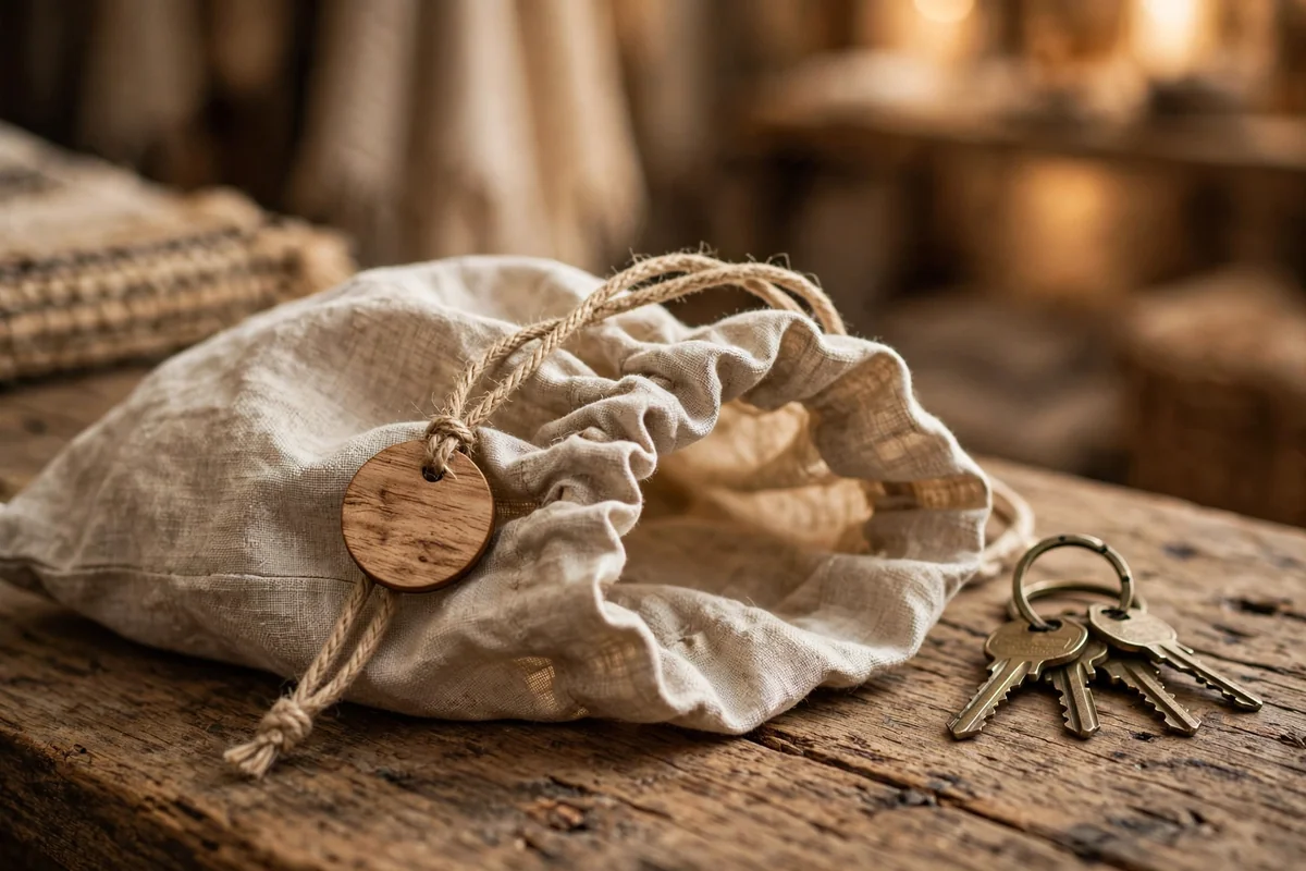 Natural linen drawstring bag with a small wooden tag and a metal keychain beside it