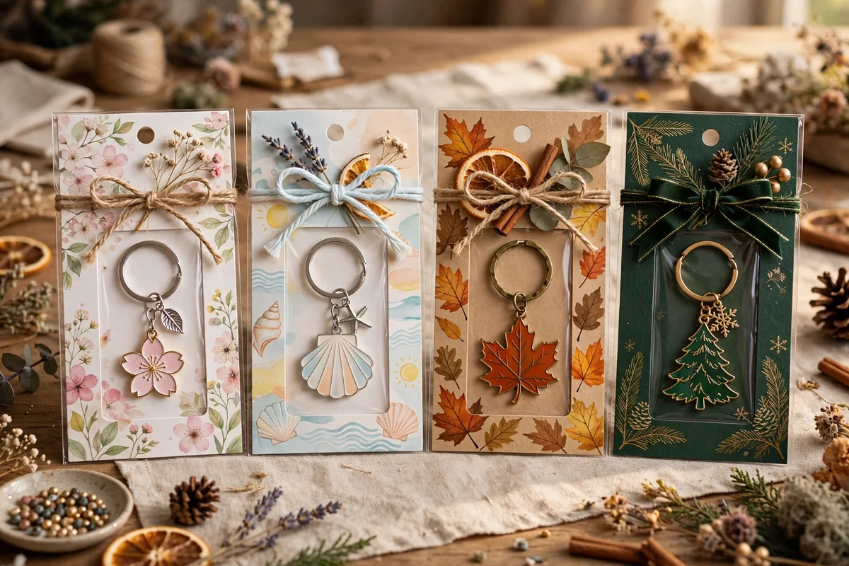 Four keychain packages styled for the seasons, spring florals, summer pastels, autumn kraft, winter green