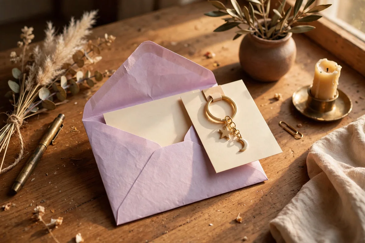 Small pastel envelope opened to reveal a keychain on a backing card sliding out