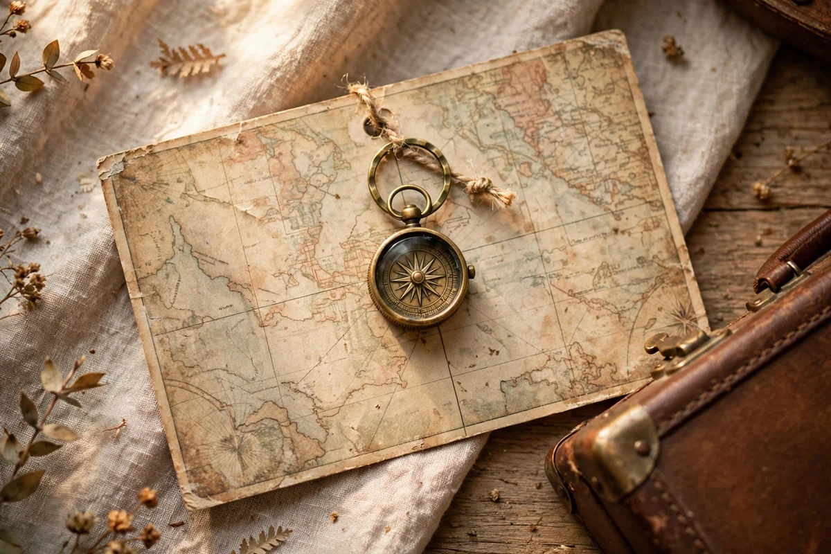 Brass compass keychain attached to a vintage postcard style card with faded map patterns