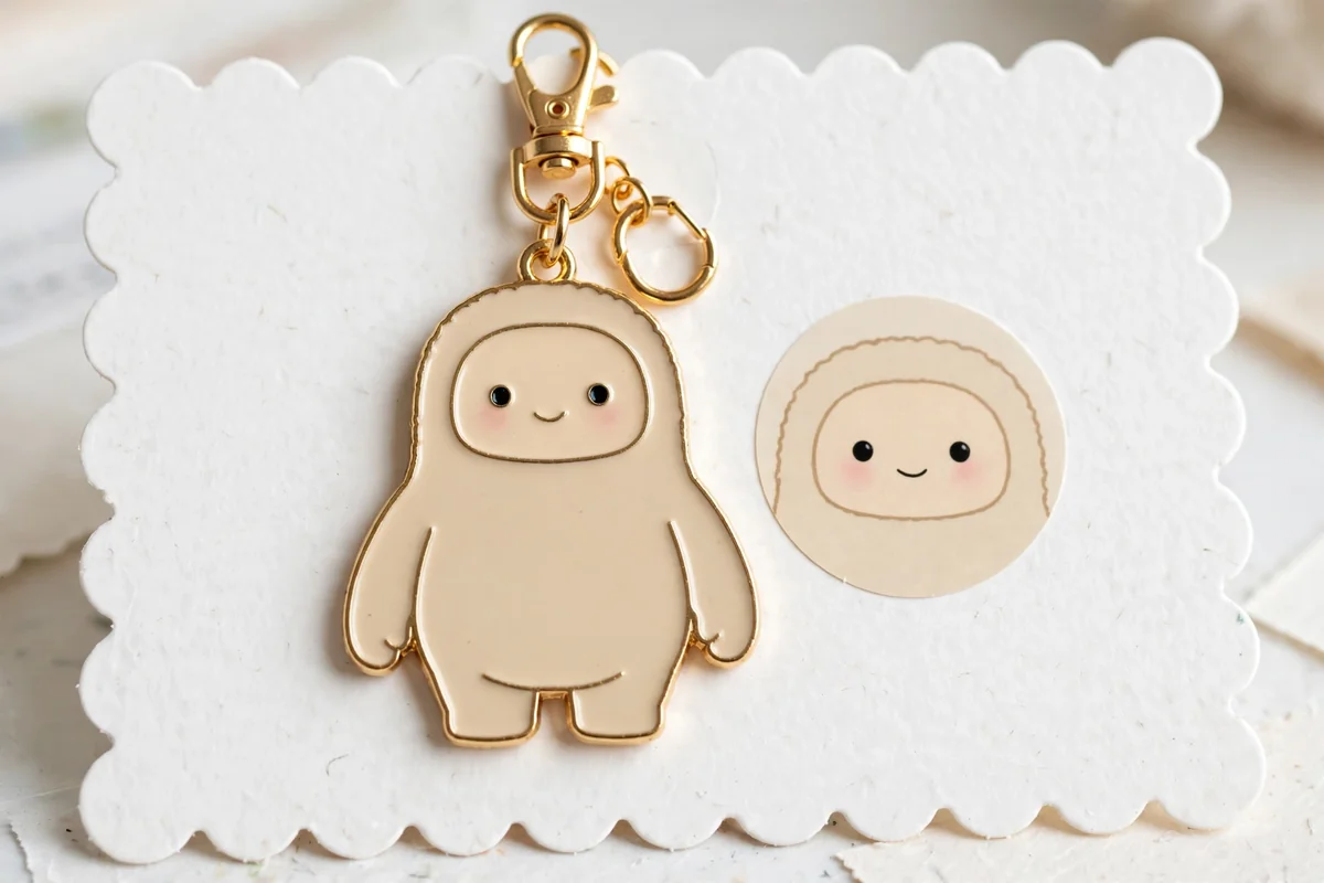 Enamel keychain on a thick white display card with decorative scalloped edges