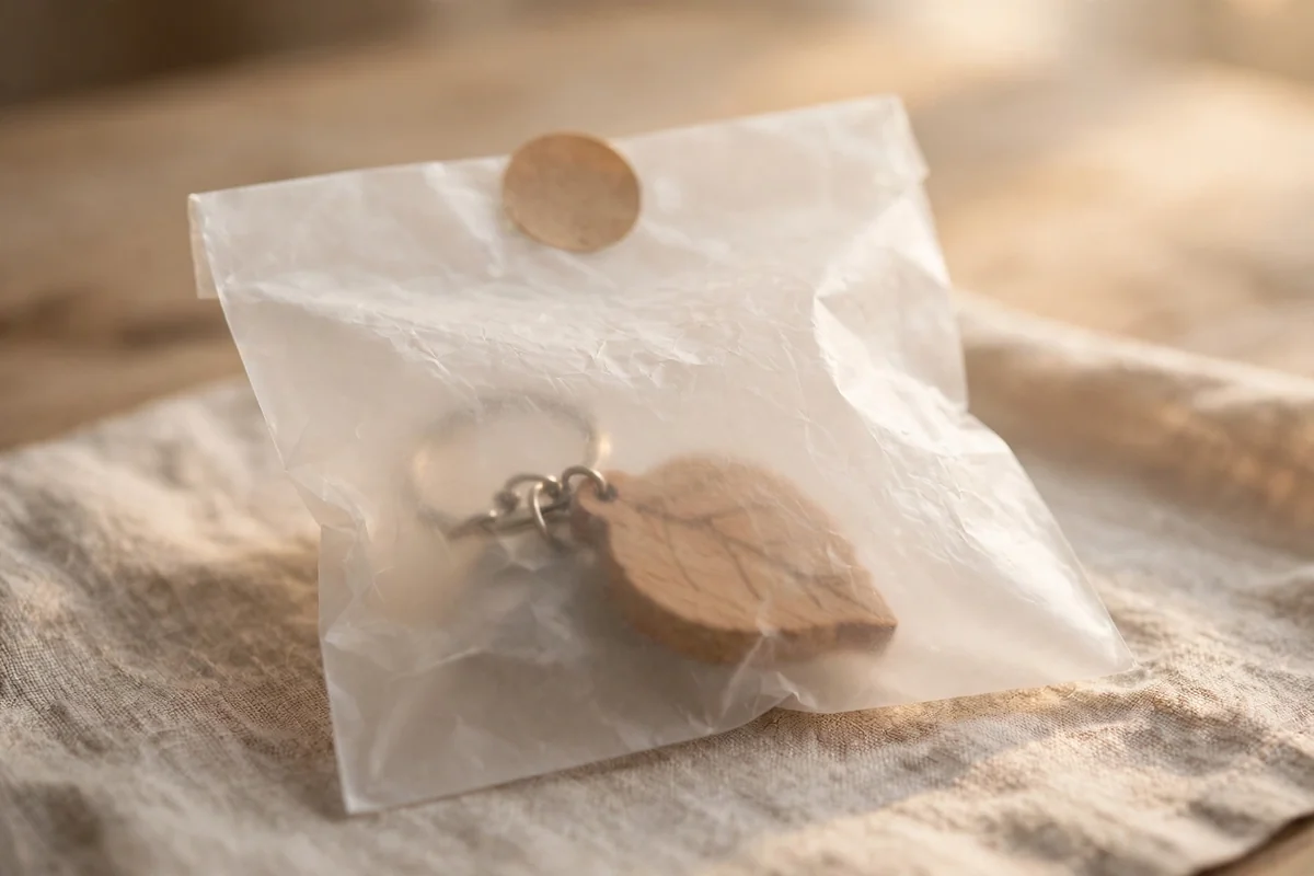 Wooden keychain visible through a frosted glassine paper bag sealed with a small sticker