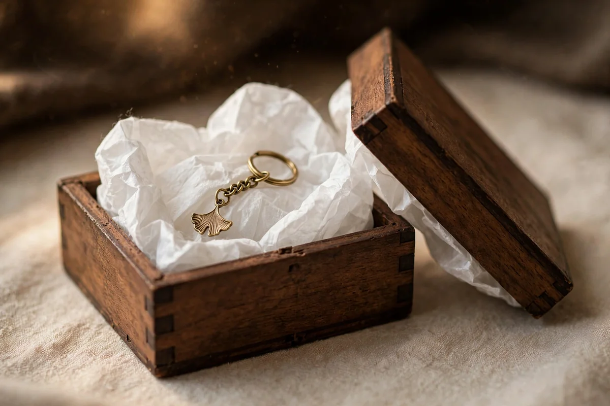 Metal keychain resting inside a tiny open jewellery box lined with soft white tissue