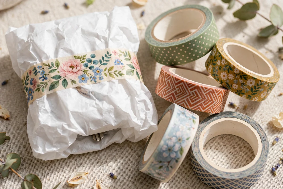 Keychain package wrapped in white tissue sealed with floral washi tape, tape rolls beside it