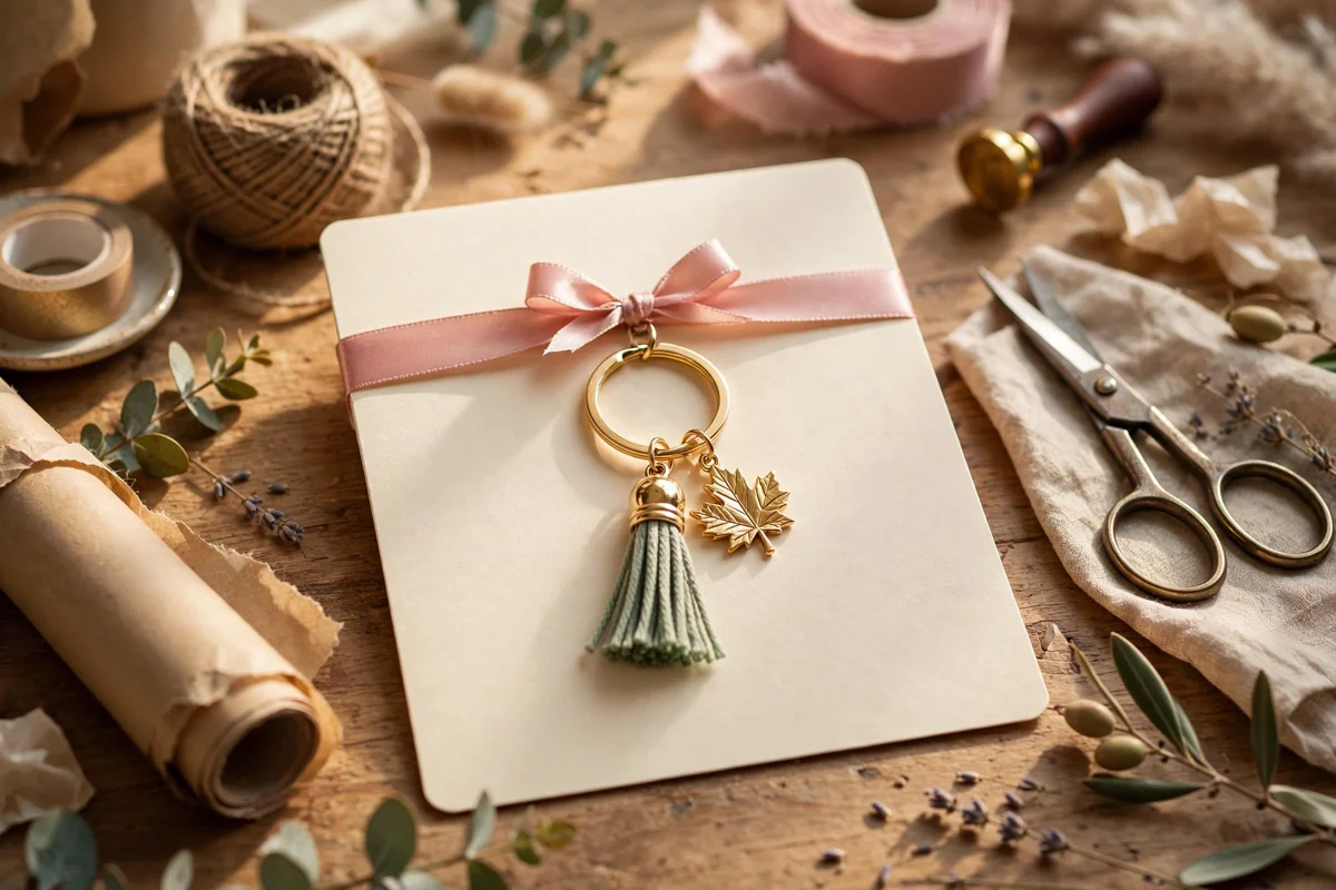 Keychain on a cream display card wrapped once with a slim satin ribbon in a small bow