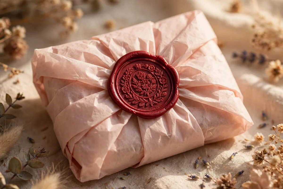 Keychain package in blush tissue sealed with a deep red faux wax seal sticker with a floral emblem