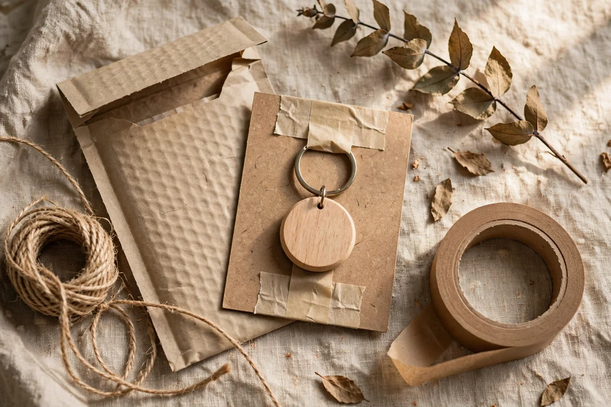 Eco friendly packaging with recycled kraft card, paper tape and a compostable mailer with twine