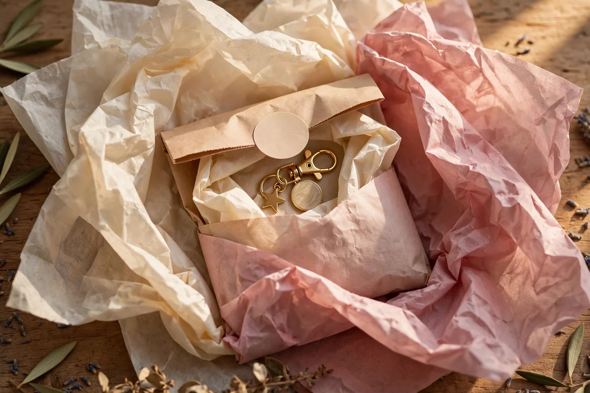 Keychain order wrapped in two layers of tissue in cream and dusty pink, layers parted